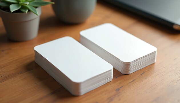 Two stacks of blank white business cards with rounded corners sit on a wooden desk. A small potted plant and part of a laptop are visible. Clean layout perfect for branding mockups.
