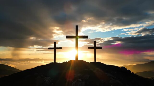three silhouettes of crosses on hill against dramatic cloudy sky at sunset. calvary crucifixion site with sun rays. christian religious background for easter and good friday.