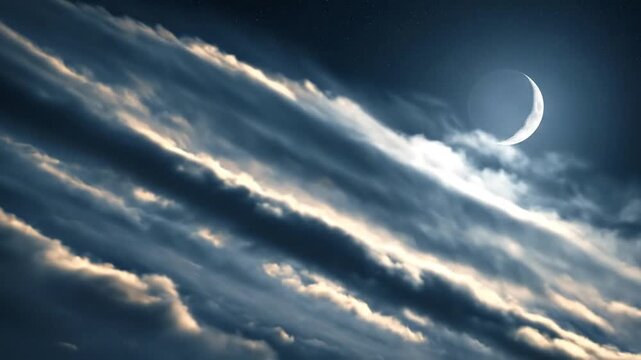 Crescent moon and streaky clouds moving across a dramatic dark sky, creating an ethereal moonlight cinematic shot, perfect for mystical atmosphere and dreamlike backdrops.