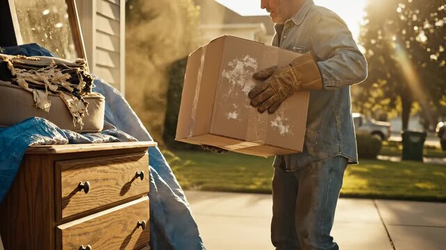 Dirty man lifts cardboard box near trash pile. Worker picks up heavy box by old furniture. Man in gloves cleans up debris outside. Worker moving damaged items. Man carries box away from junk pile.