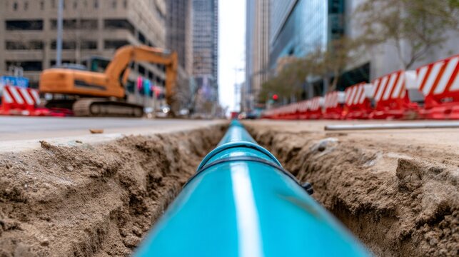 Valve urban infrastructure construction with new blue pipeline in trench on city street, excavator and barriers working