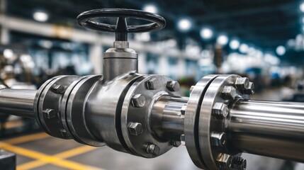 Naklejka premium Valve industrial valve and pipe system managing fluid control. Close up on a metal valve in a factory setting