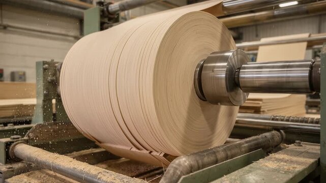 Core veneer peeling in medium shot highlighting smooth rotary cutting and wood block rotation to produce uniform base layers for laminated wood products.