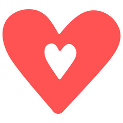 Simple red heart icon with a smaller white heart inside, isolated flat design. Symbol of love, romance, and compassion