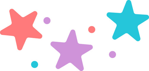 Colorful rounded stars and dots illustration in pastel colors. Simple, playful graphic in coral, purple, blue evokes joy celebration