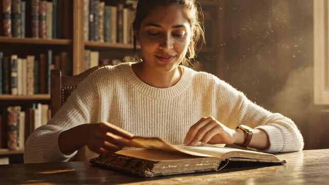 Young woman reading antique book in library by sunlit window with old leather bound volumes on shelves