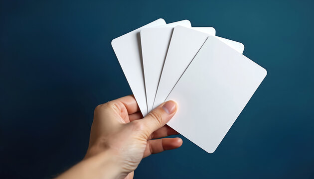 Person holds fanned blank white cards against dark blue backdrop. Use for custom text or graphics. Great for game night identity or presentation ideas.