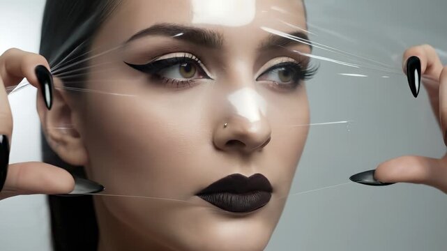 Striking portrait of a woman with dramatic black makeup and long nails stretching clear plastic film over her face.