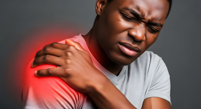 Man grimacing with hand on shoulder experiencing pain highlighted in red ache