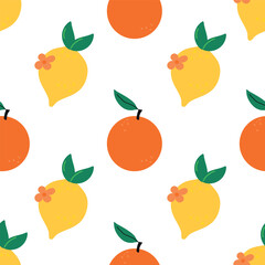Cute cartoon seamless pattern with lemon and orange citrus fruits. This cheerful, flat vector illustration features a vibrant palette of yellow, orange, green. Summery design
