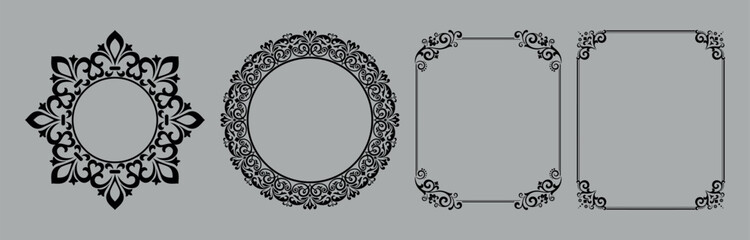Set of decorative frames Elegant vector element for design in Eastern style, place for text. Floral black and gray frames. Lace illustration for invitations and greeting cards