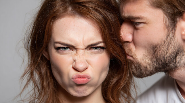 A close-up of an annoyed woman frowning while a man leans in to whisper in her ear, capturing tension, discomfort, or an unwelcome secret