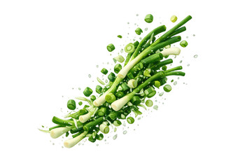 Fresh green onions and vibrant chopped scallions flying, creating a dynamic culinary explosion on a transparent background