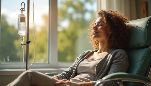 Woman gets IV drip for health. She relaxes in chair near window receiving vitamin infusion. Peaceful mood for recovery. Feeling better after treatment.