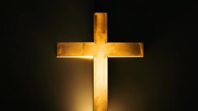 Illuminated Golden Christian Cross on Dark Background &ndash; Religious Faith Symbol for Easter, Worship Services, and Church Promotion