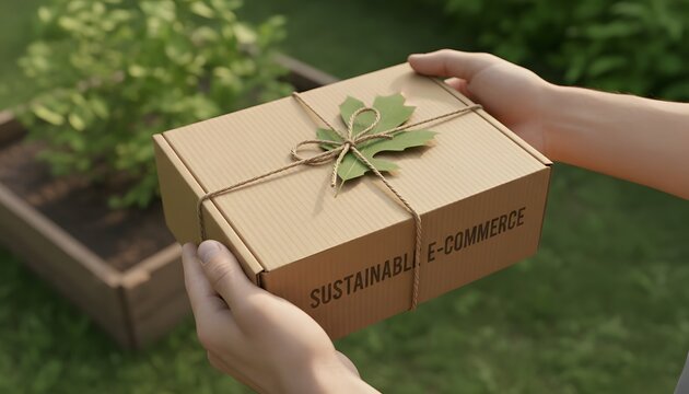 A hand presents a small brown package decorated with a leaf emphasizing sustainable e commerce practices high quality