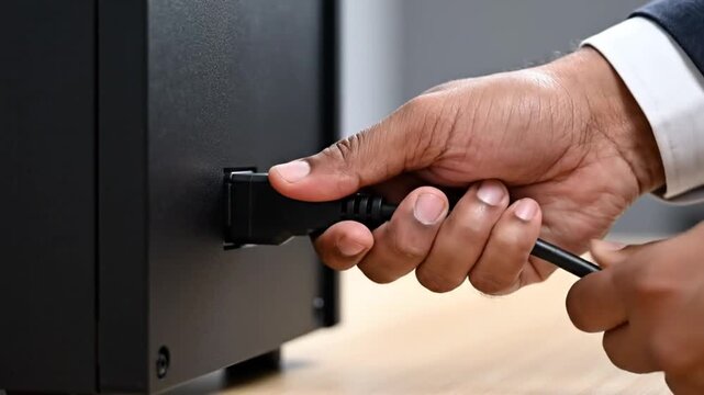 Connecting the power cable to a black electronic device, close up view with a hand inserting the plug