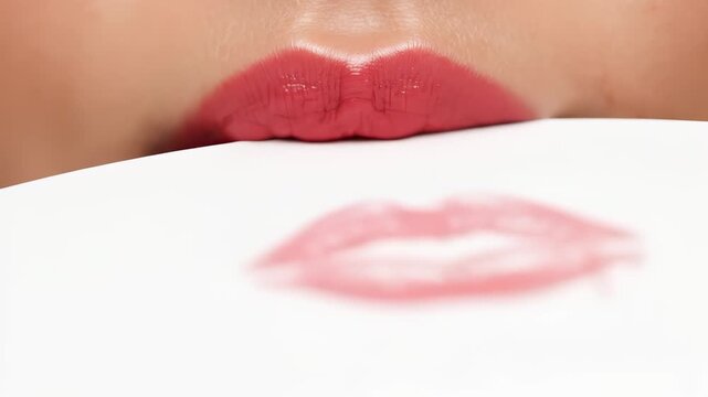 Close up of a woman applying bright red lipstick with a brush and leaving a kiss mark on a white surface.