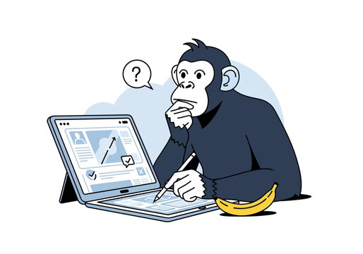 Chimpanzee contemplating technology and design on a laptop.