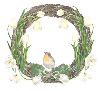 Watercolor white tulip spring bouquet and bird frame. Hand drawn illustration for Easter, Spring, Mother's Day