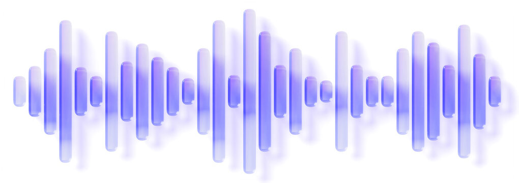 Hologram glass sound wave 3d icon - vertical linear pattern with purple blue neon gradient. Audio frequency, radio pulse, record voice message. Volume music track line motion effect. 3D illustration