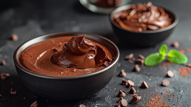 Slow-motion cinematic close-up of a spoon lifting thick, glossy chocolate cream or pudding from a dark bowl amidst chocolate chips and mint leaves