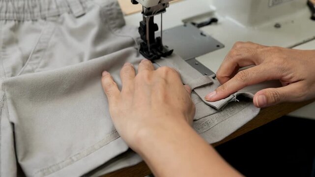 Tailor binding the edges of lightweight work shorts hem focusing on neat reinforced trim adding style and extra wear resistance for hot weather workwear.
