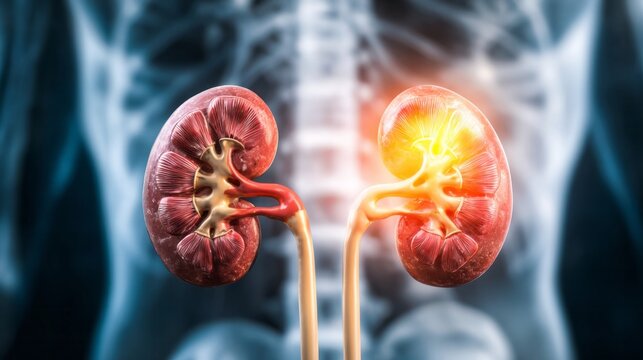 Human kidneys showing inflammation or disease, highlighting renal health and medical diagnosis