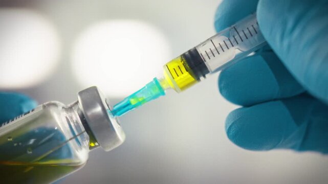 A medical professionals hand, clad in protective nitrile gloves, carefully holds a syringe needle to extract medicine from a sealed bottle, preparing for a precise injection in a healthcare setting