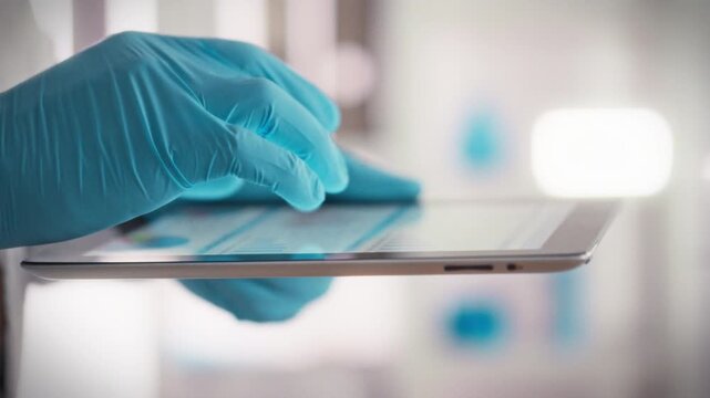 Medical professionals gloved hand adeptly navigates digital tablet among various medical devices in well-lit, hygienic setting, exemplifying fusion technology medicine, high level of operational care