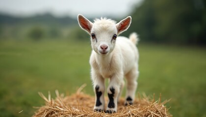 Obraz premium A small white goat stands on a hay bale looking directly at the camera. Its big eyes convey curiosity and innocence. The background shows a blurred green field under an overcast sky.