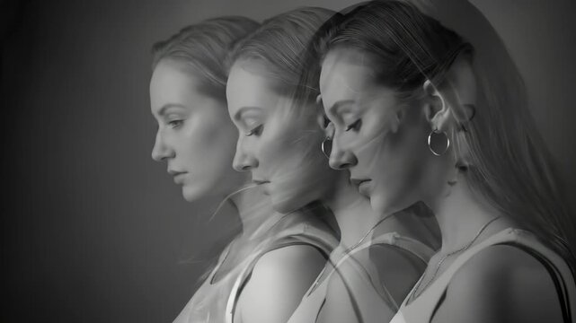 Artistic black and white portrait of a young woman with a multiple exposure effect showing her profile and movement