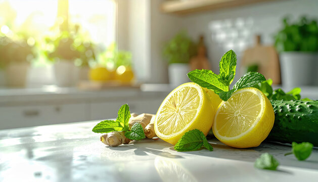 Ingredienti freschi per bevanda  con limoni tagliati a met&agrave;, radice di zenzero e foglie di menta su un piano cucina luminoso. Generative AI 
