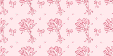 Seamless pattern with tulips and bows on a pink background. Fabric print.