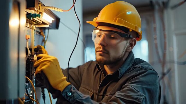 a male electrician repairs a shield. selective focus