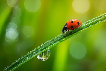 Obraz premium Macro Ladybug on Green Grass Blade with Morning Dew Drops