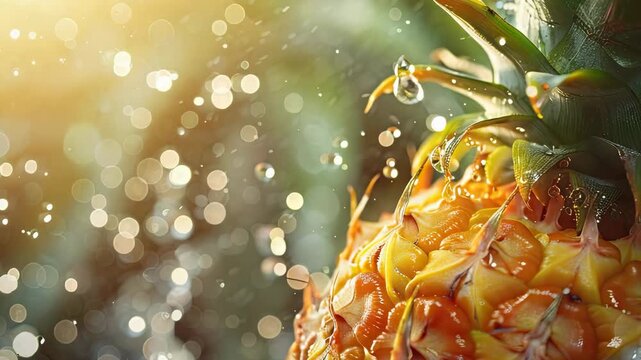 pineapples in water drops close-up. Selective focus