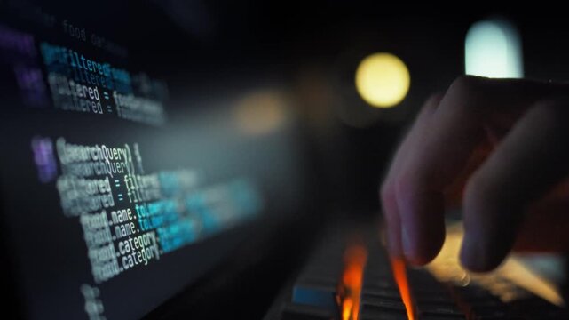 A skilled programmer rapidly types complex code on a keyboard, dynamically updating artificial intelligence software visible on a high-resolution computer screen