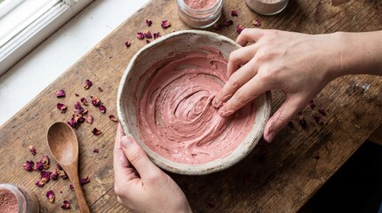 Bird's Eye View of Hands Mixing Pink Clay Face Mask in Minimalist Ceramic Bowl for Skincare Routine