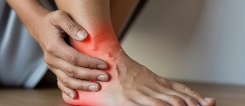 Ankle pain with red inflammation in warm lighting for medical illustration.