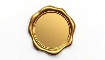 Golden wax seal on white background. It is round, blank, perfect for official documents, invitations or certificates. Use for luxury wedding or business sealing. Great for vintage, antique designs.