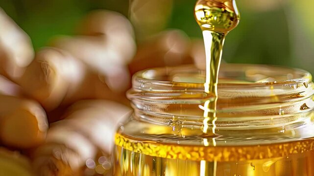 ginger essential oil drop close-up. Selective focus