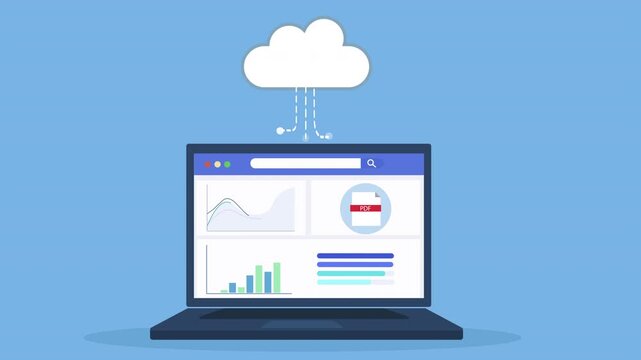 Flat vector animation of laptop displaying schedule analytics dashboard connected to cloud system, representing planning, data monitoring, and digital technology workflow.

