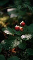 foraging wild strawberry in forest setting with foliage, foraged tiny berries, wild gathering concept, organic foraging aesthetic