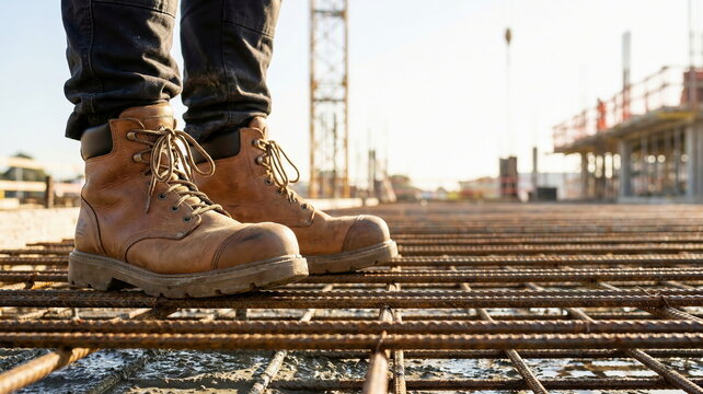 Sturdy work boots on rebar at a construction site. This image depicts a laborer's diligent work and safety in industrial building development.