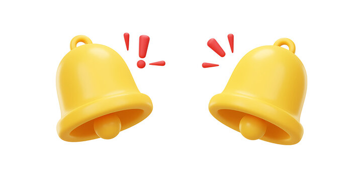 Two yellow bells with red exclamation marks notification alert symbol ringing loudly in air transparent background