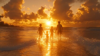 Fototapeta premium Family silhouettes at sunset beach, ocean waves, tropical vacation