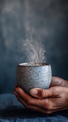 Hands cradling a steaming cup adorned with speckled patterns against a dark backdrop