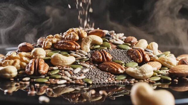 Delicious mix of nuts and seeds pouring onto a black reflective surface, healthy food concept