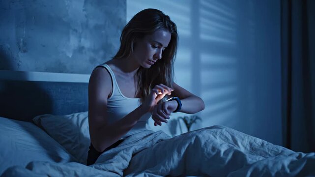 young caucasian woman sitting in bed at evening checking smartwatch. sleep tracking, health monitoring. insomnia, restless night, anxiety. bedroom with moonlight. wearable technology application.